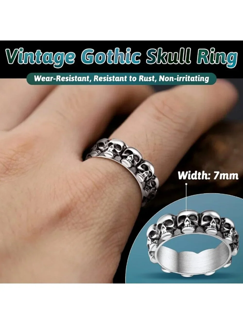 Gothic Skull Ring for Men - Stainless Steel Biker Band, Punk Jewelry, Gift Boxed